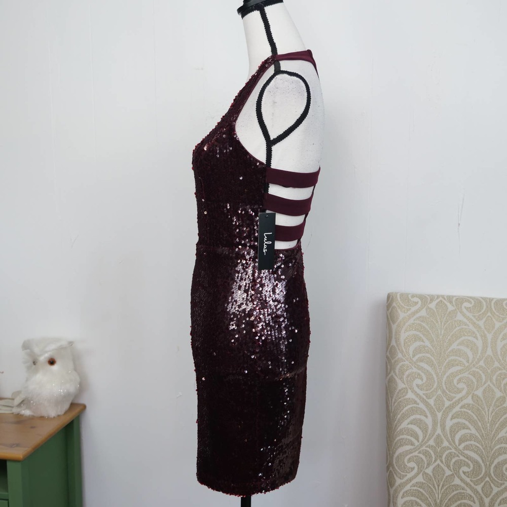 Lulu's Red Sequin Dress Size S Bodycon Cut Out Strappy Cage Back Burgundy Party - Picture 7 of 8